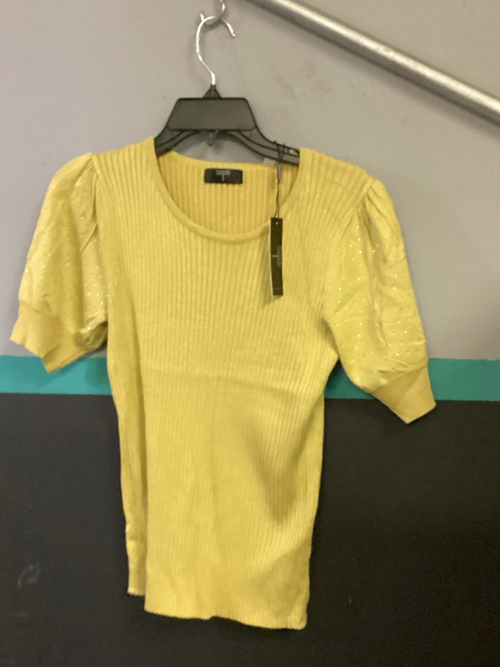 T Tahari Yellow Ribbed Puff-Sleeve Knit Top